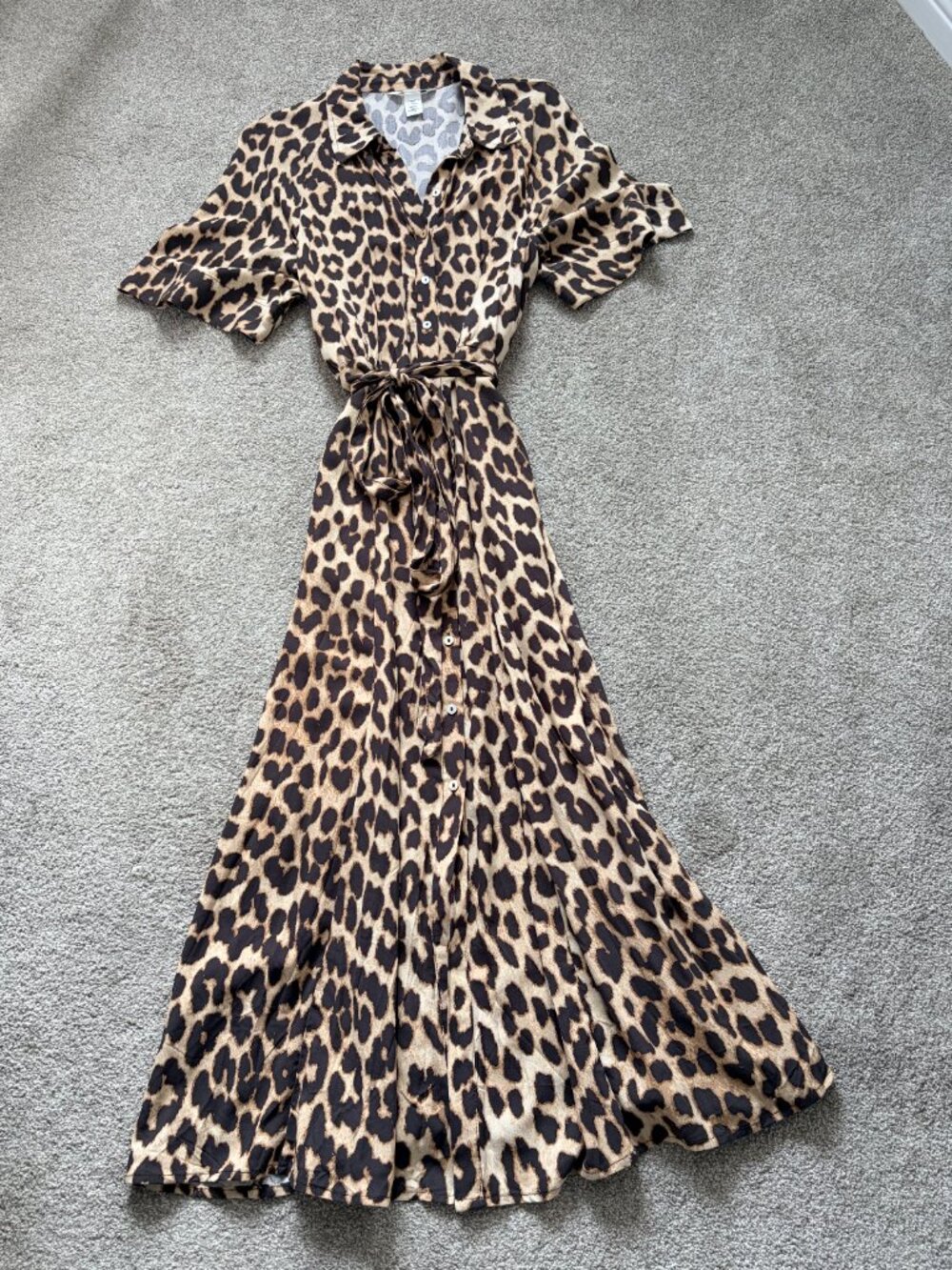 H&M Leopard Print Tie-Belt Shirt Dress